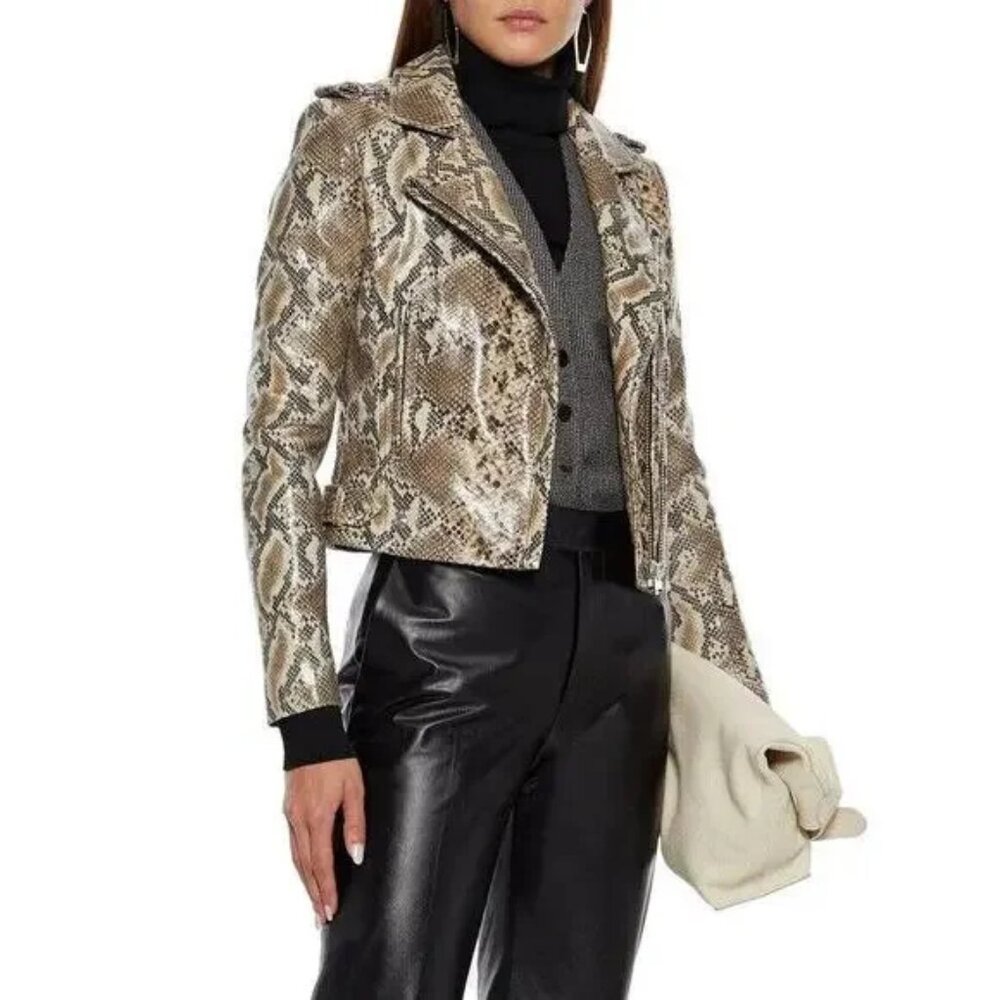 IRO Luiga Beige Snake-Effect Lamb-Leather Moto Jacket